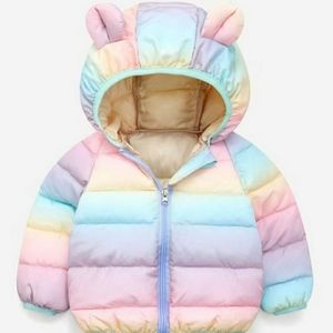 Pastel Rainbow Puffer Zippered Jacket with Teddy Bear Ears 2T